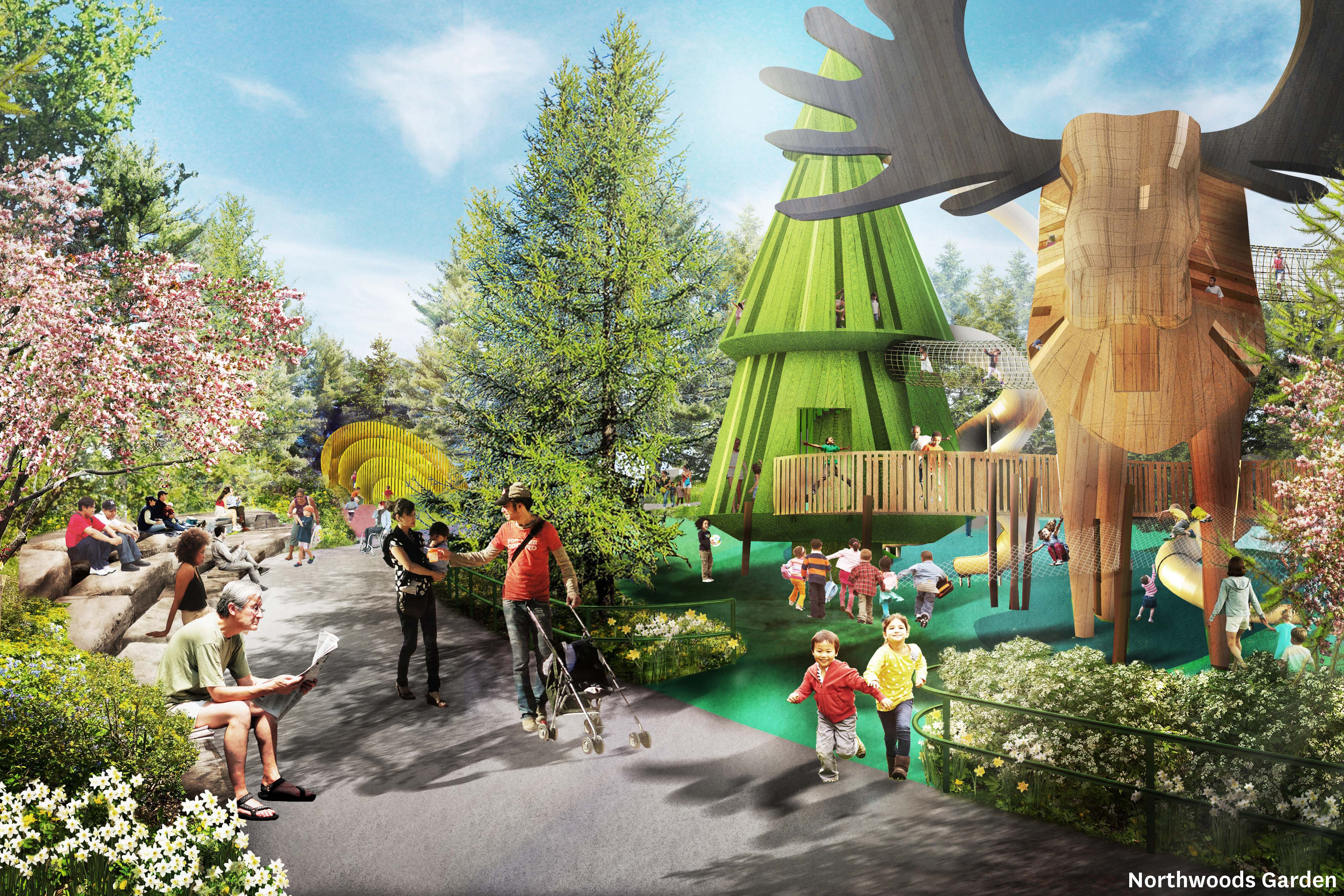 A rendering of a playground in a park, showcasing vibrant play structures and joyful children.