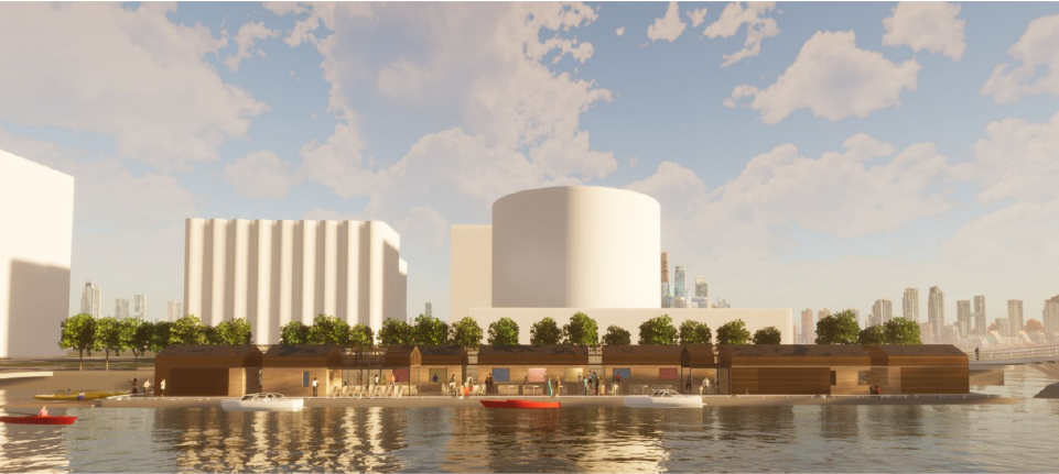 Rendering of a floating dock with concessions with city skyline in background.