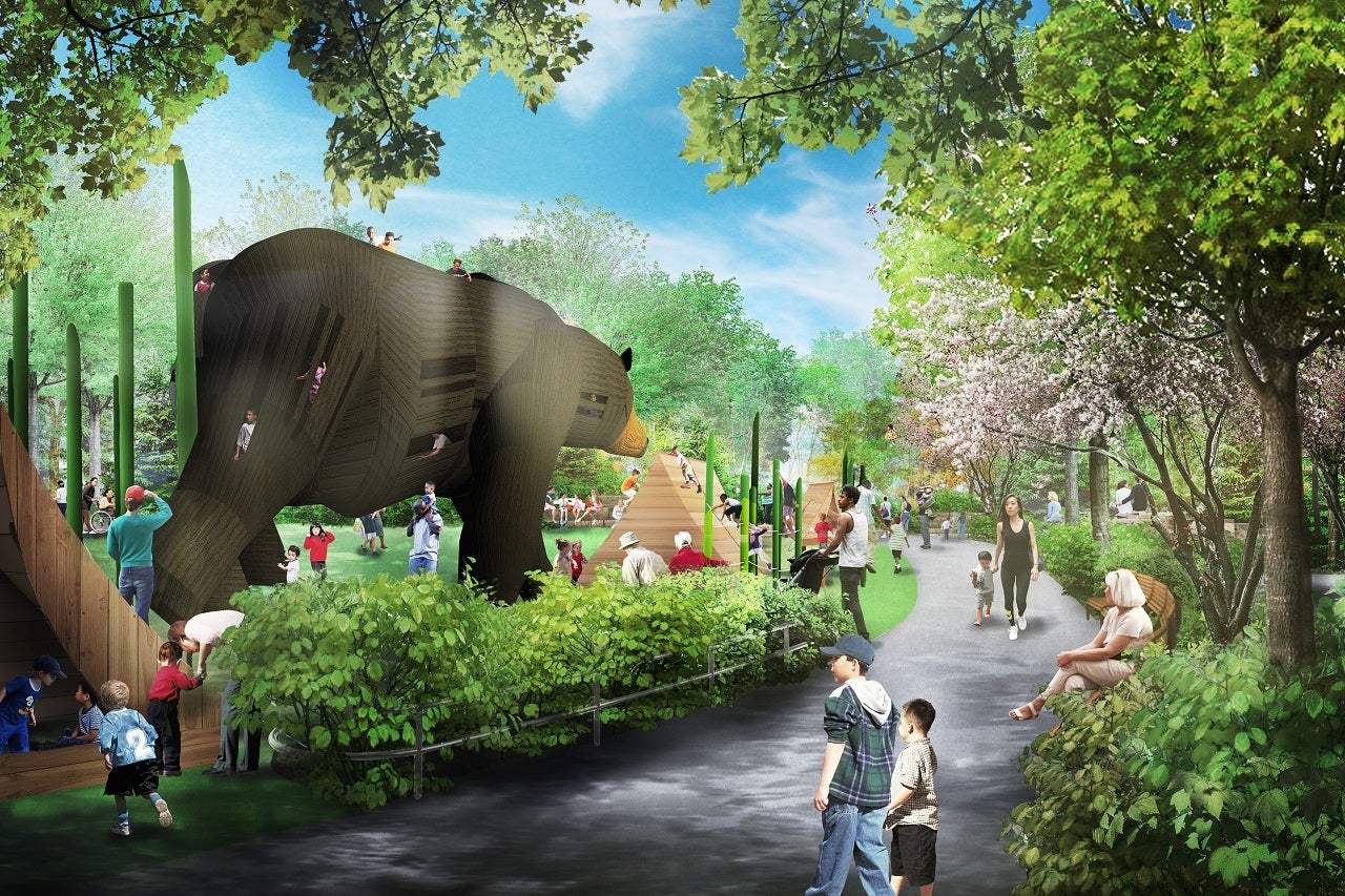 Artist rendering of a park with a large black bear play feature.