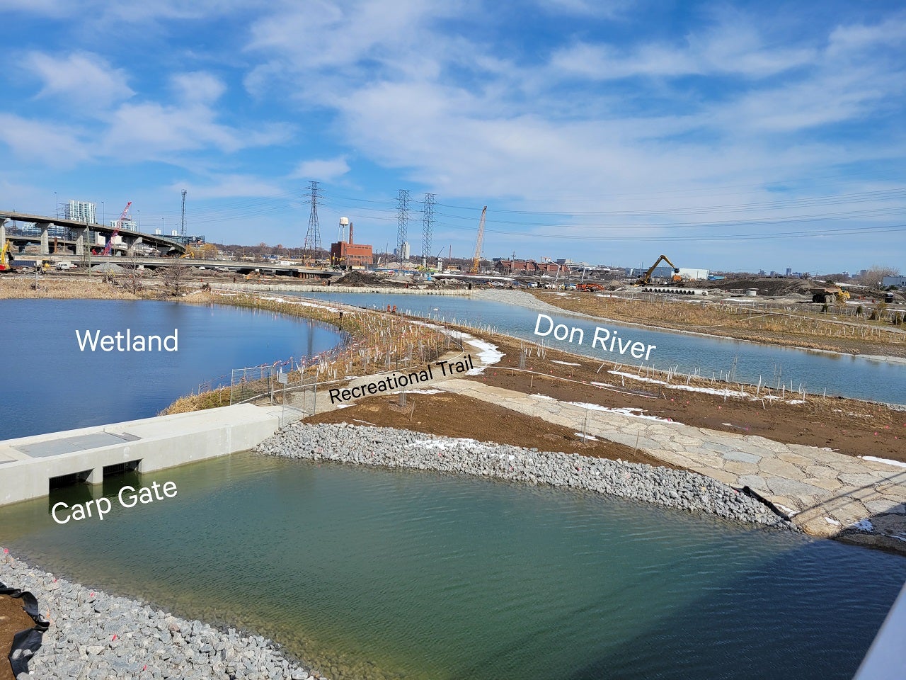 A wetland, river, carp gate and the Don River.