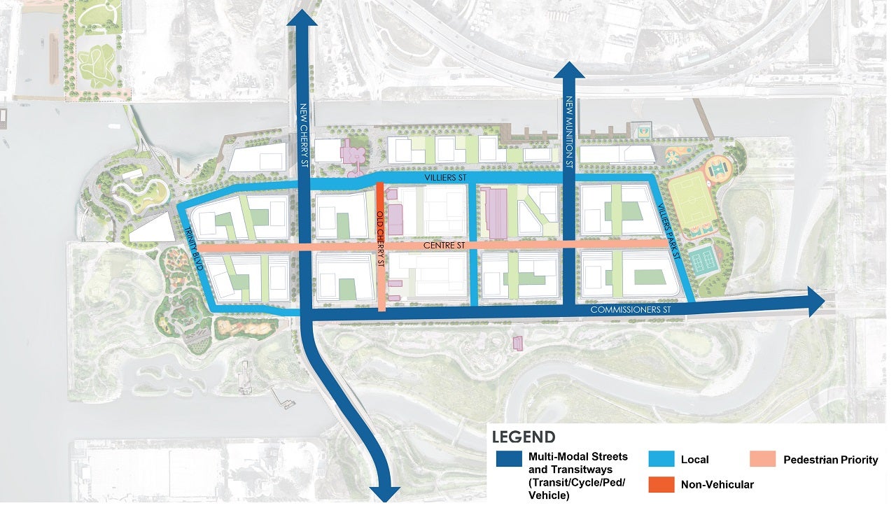 Rendered map showing the roads and multi-modal streets and transitways of a planned community