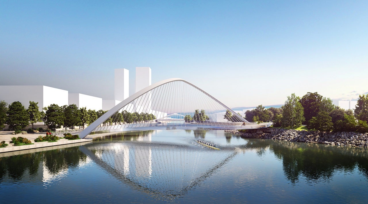 Rendering of a pedestrian bridge from the west with a view down The Keating Channel.