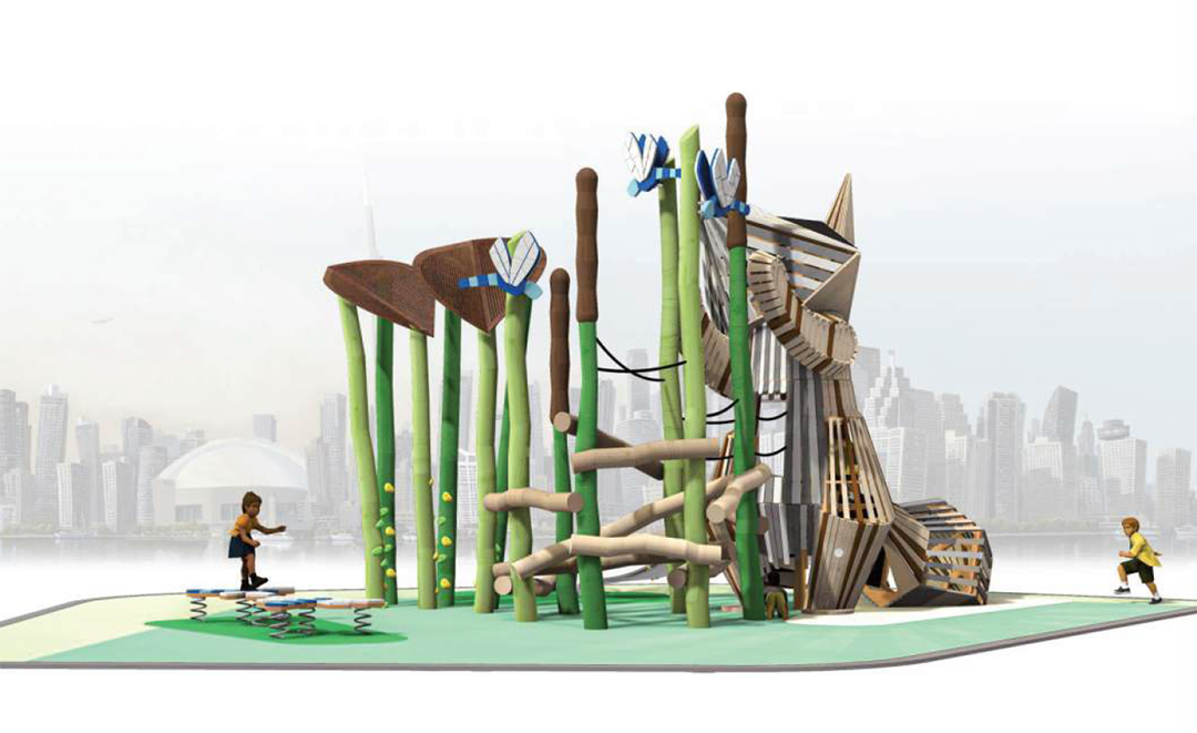 A rendering of a large playground with a racoon.
