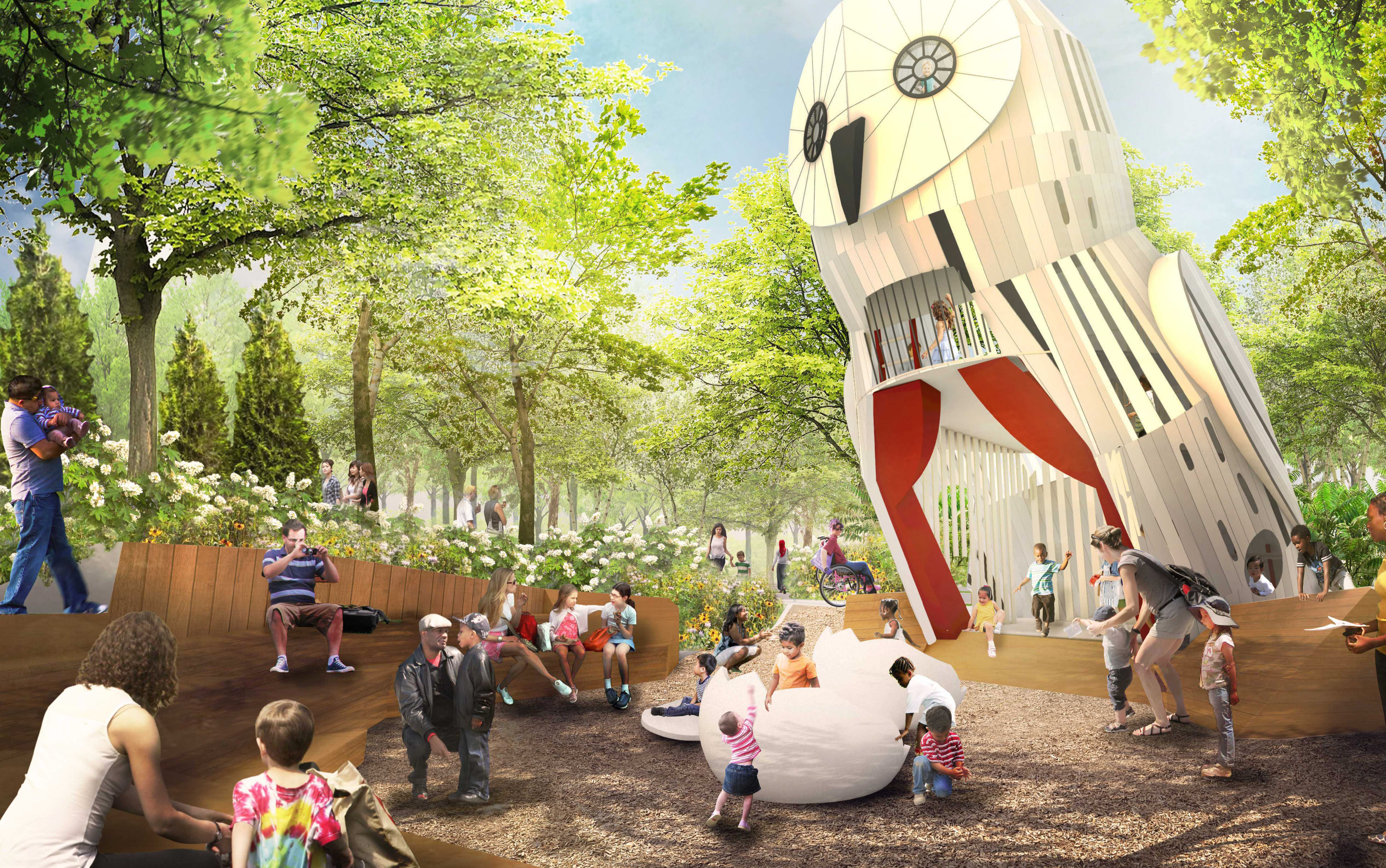 A rendering of a playground with a large owl structure.