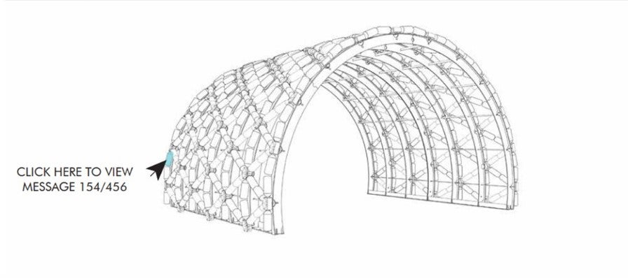 Illustrated drawing showing a prototype of a cylindrical form of re-used water bottles . There is an arrow with a message that says "click here to view message 154 of 456".