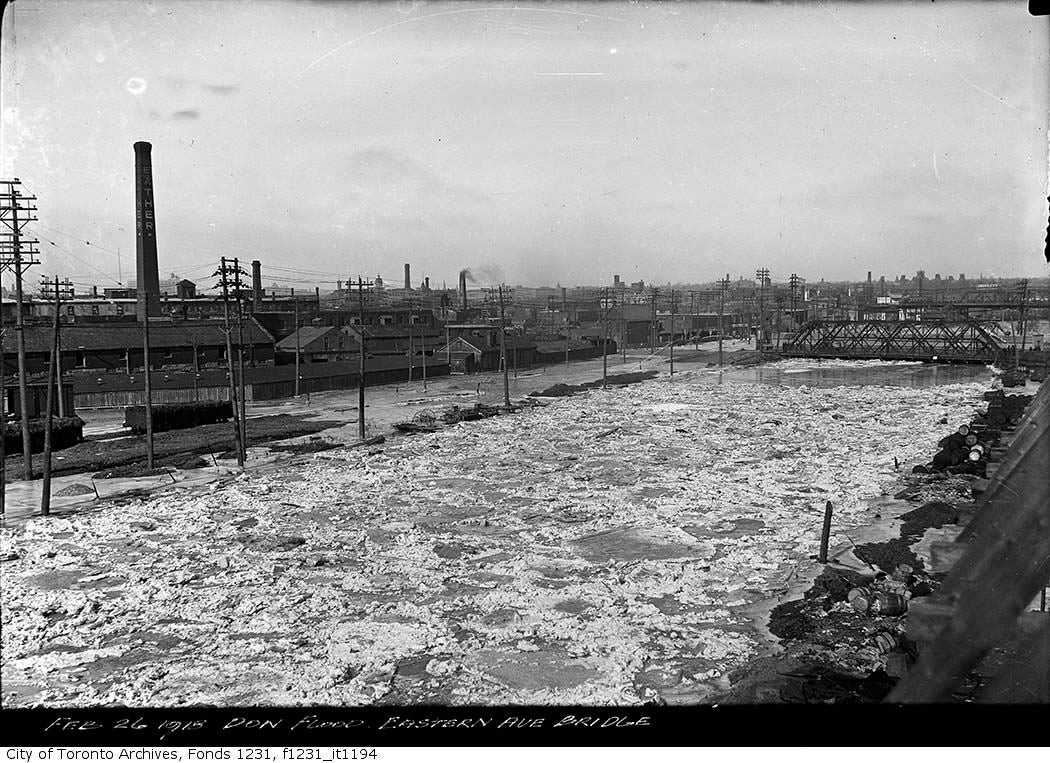 City of Toronto Archives, Feb. 26 1918, Don Flood Eastern Ave Bridge, a black and white historical image of the waterfront.