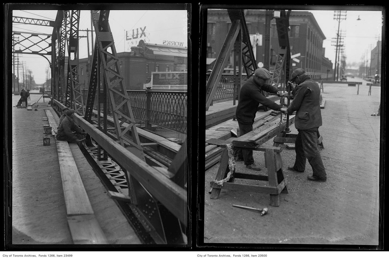 City of Toronto Archives, Two historical photos showing crews working on a bridge.