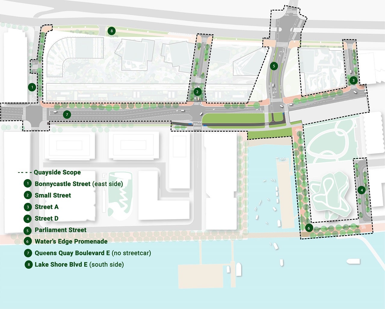 A map showing various destinations at Quayside.