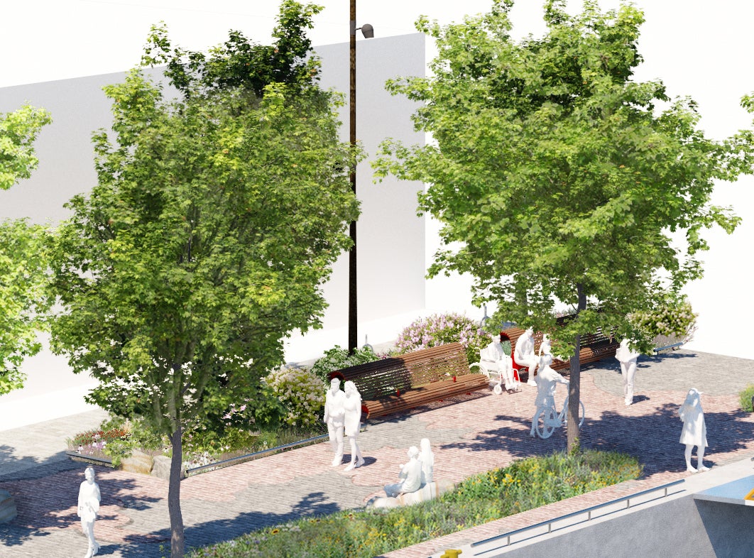 A rendering showing seating on walkway along the lake.