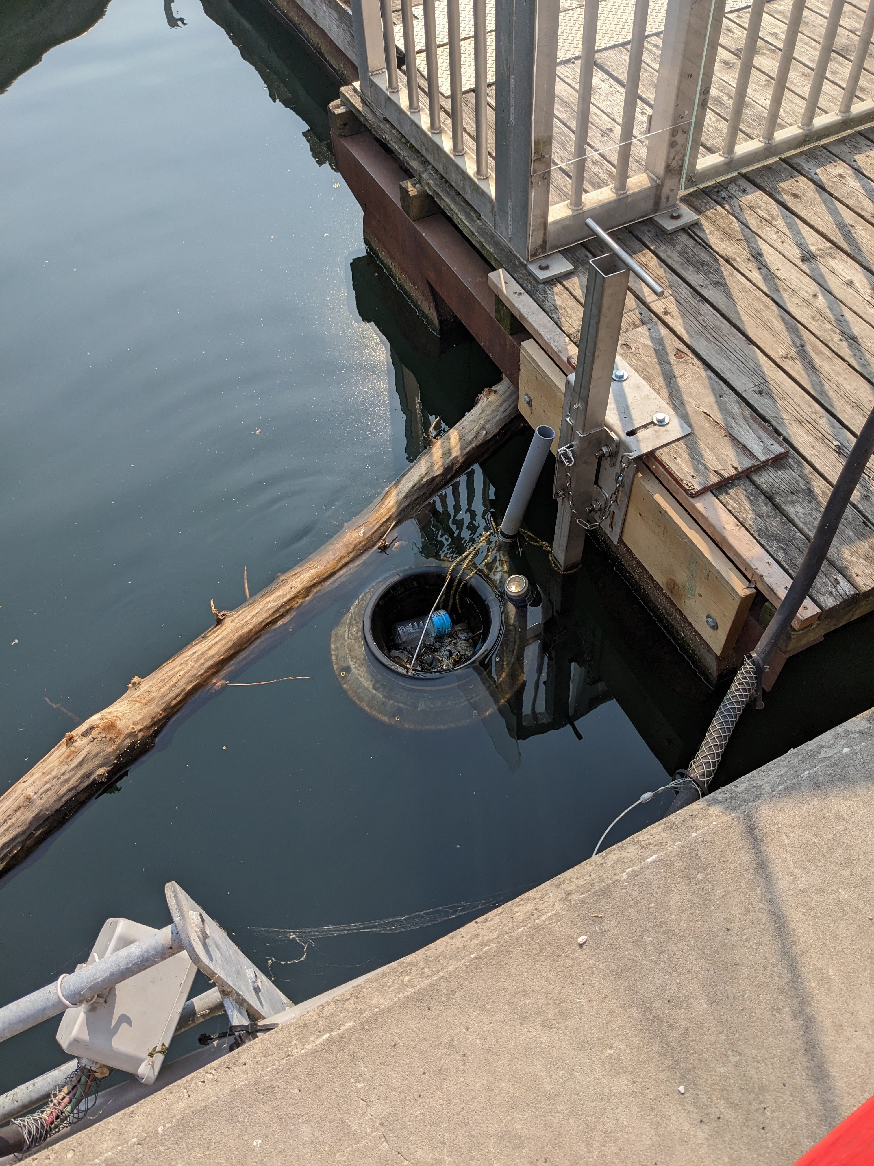 An open trash wheel device collecting debris from a water body, adjacent to a wooden dock with a metal gate.