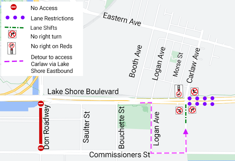 Map showing the location of lane restrictions at Carlaw Avenue and Lake Shore Boulevard.
