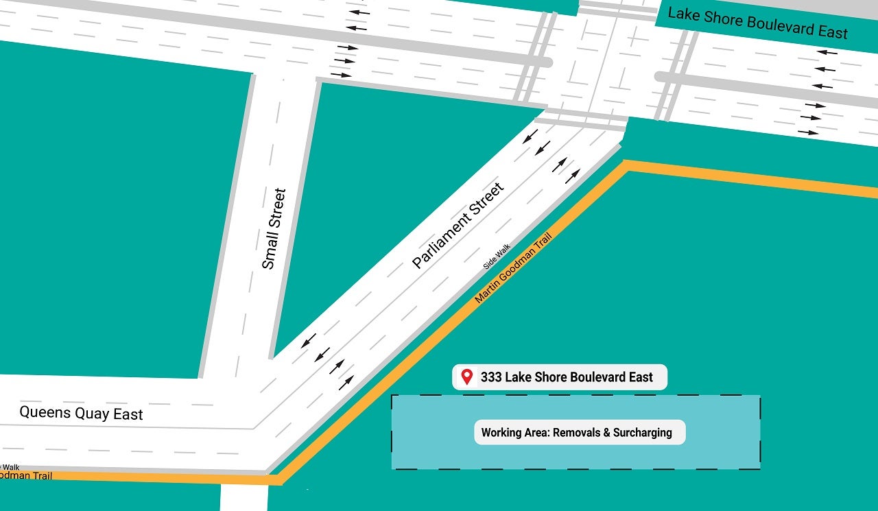 Map showing the working area of the removals & surcharging at 333 Lake Shore Boulevard East.