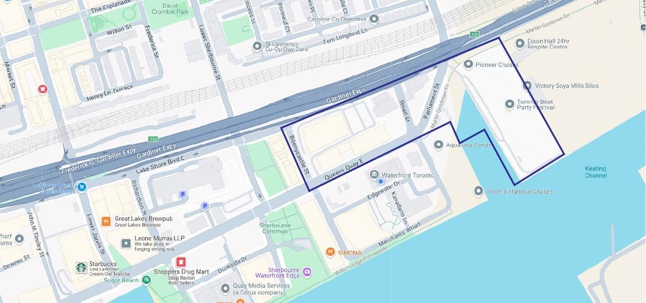 Map showing the boundary of the Quayside project.