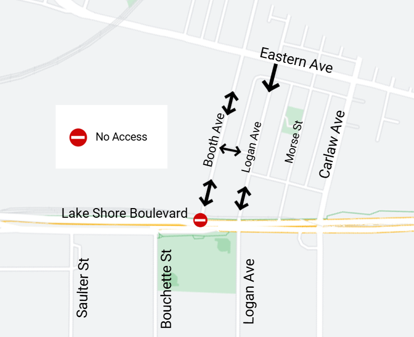 A map showing the location of the closure at the Booth Avenue and Lake Shore Boulevard East intersection.