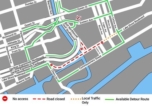 Map showing full closure of Lake Shore Blvd East.