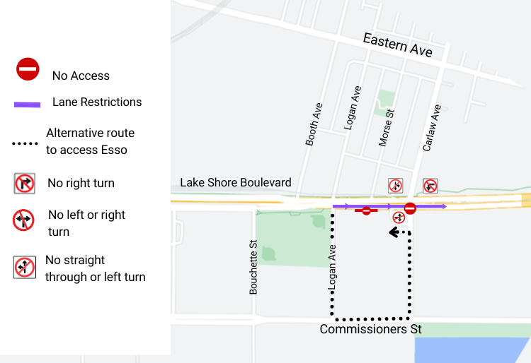 A map showing the Carlaw Intersection lane restrictions and detour to the Esso Station.