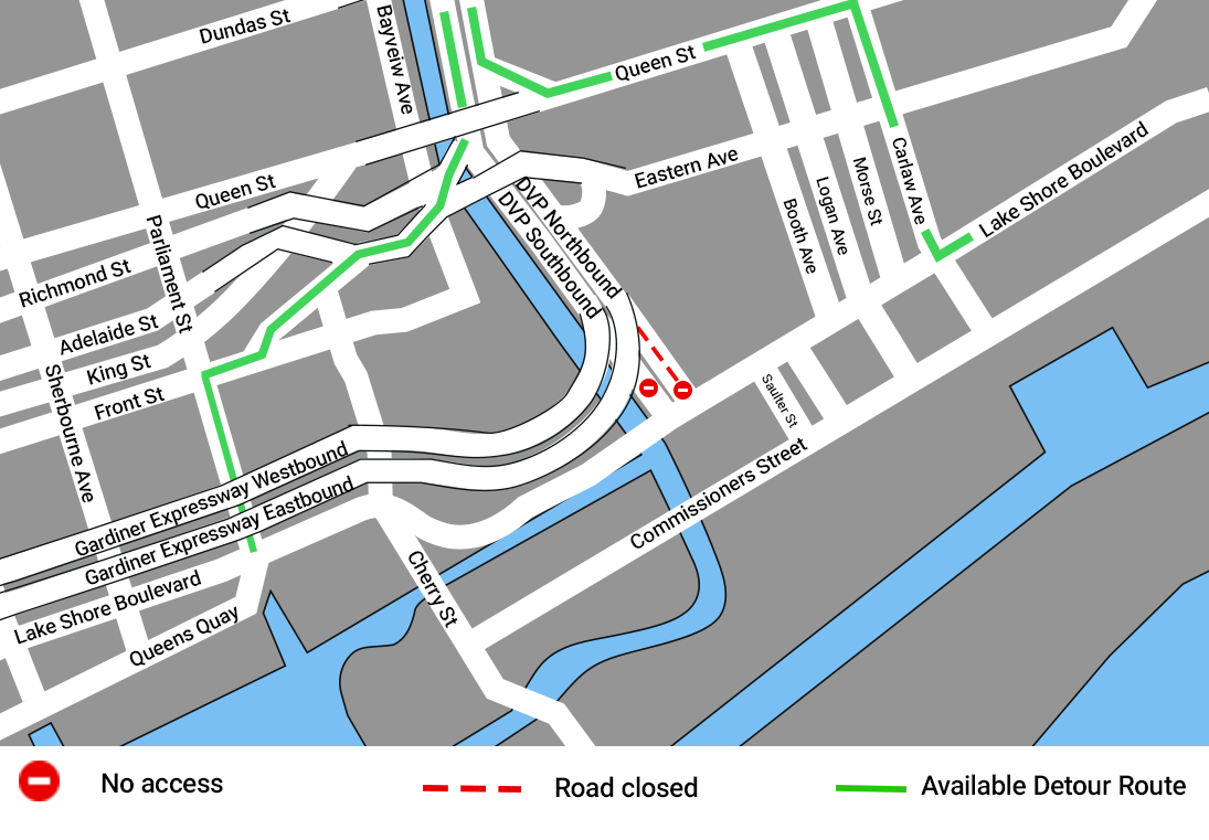 Map of a road closure near the Don Valley Parkway in Toronto. Lake Shore Boulevard East is closed between the DVP and Saulter Street. No access symbols appear at each end of the closure. For westbound traffic on Lake Shore, access to the northbound DVP will be via the Queen Street on-ramp and Carlaw Avenue. For southbound traffic on the DVP, access to Lake Shore Boulevard will be via the exit at Richmond Street.