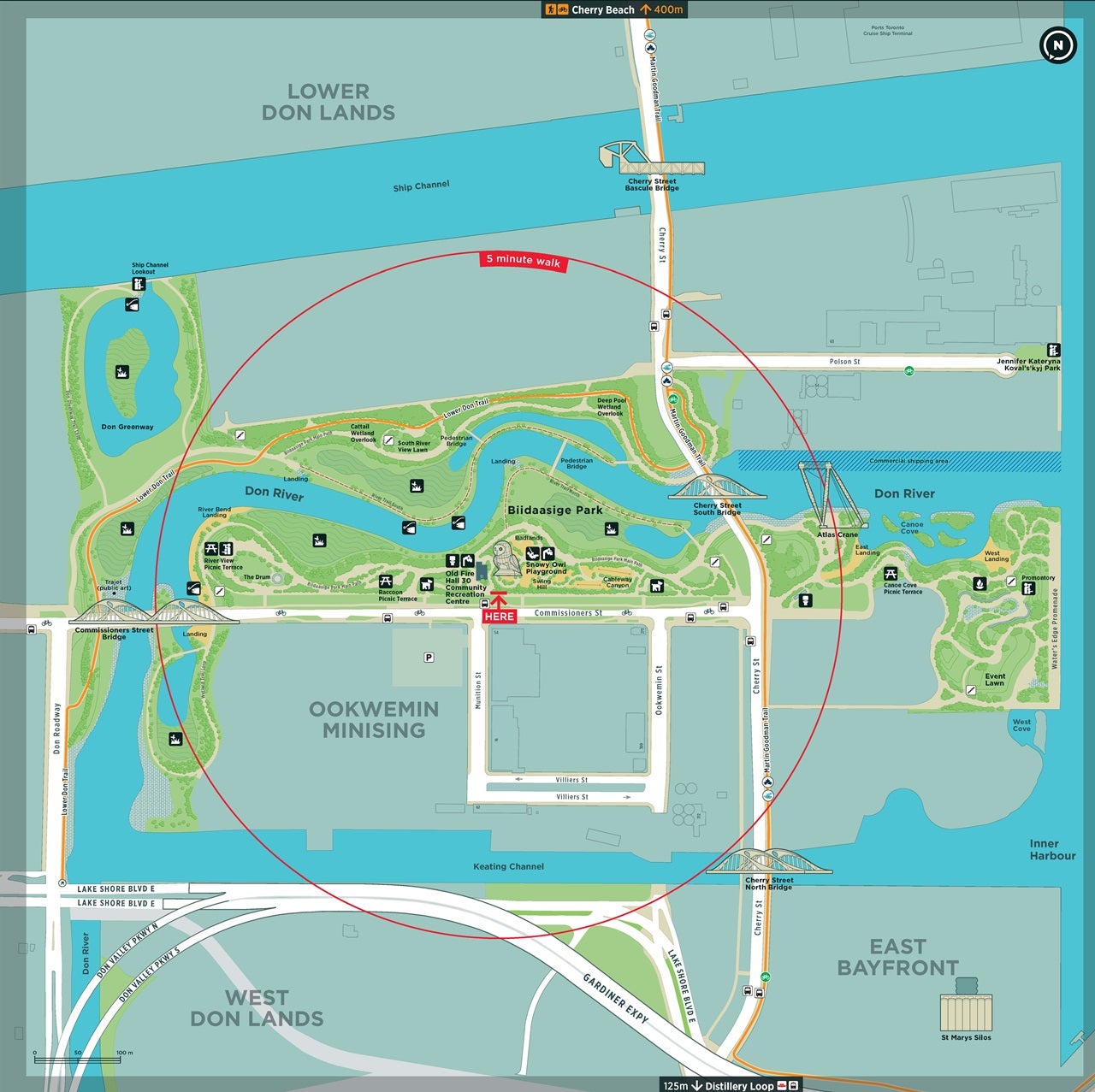 Map of Biidaasige Park indicating the locations of trails, cycle routes, park amenities (dogs off-leash area, fire pit, fishing area, naturalized area, picnic site, playground, view points, washrooms, water fountains), and transit options., 