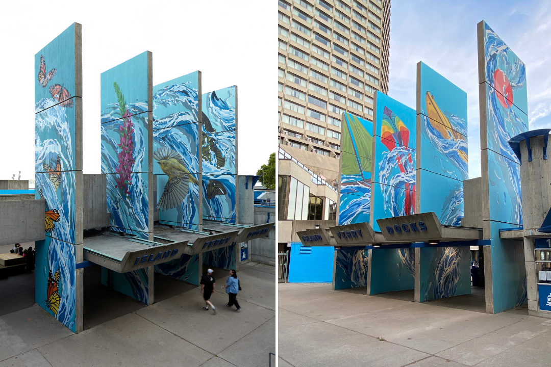 Colourful panels stand tall over Toronto's Ferry Terminal on a bright day.
