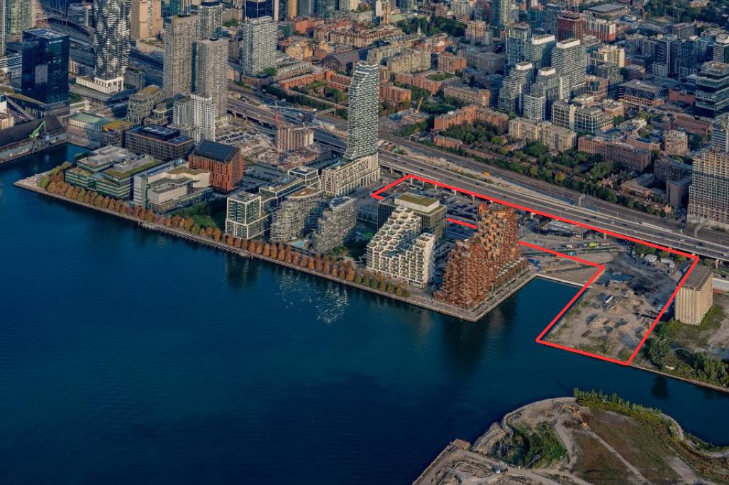 An aerial shot of Toronto's skyline showing the boundaries of Quayside project.