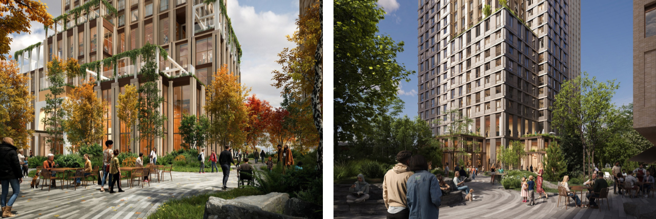 Architectural renderings of two modern buildings surrounded by lush gardens and populated with people engaging in various activities like walking and conversing in an urban setting.