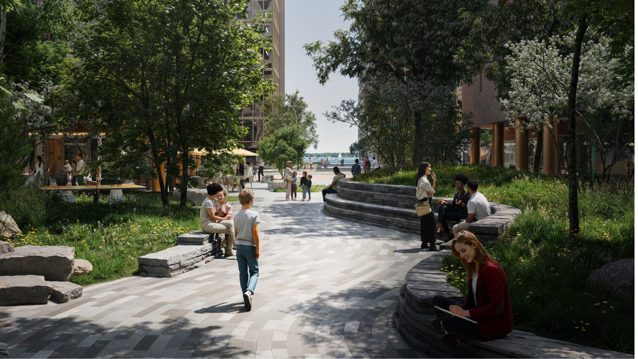 View of a bustling urban park with people walking, sitting, and engaging in various activities on a sunny day. The park features lush trees, stone pathways, and contemporary design elements.