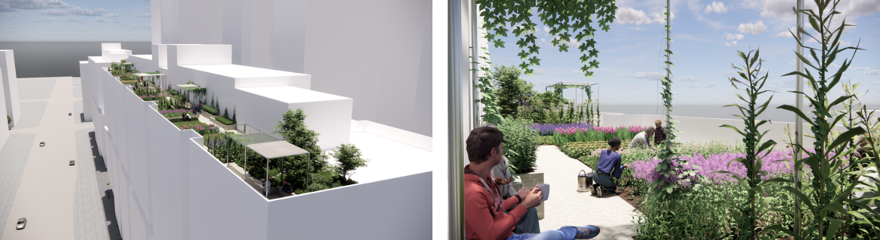 Architectural rendering of a modern terrace design featuring multiple levels with green spaces, followed by a realistic scene where a person is seated on a bench in a lush garden, using a smartphone.