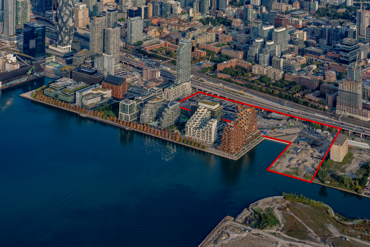 Aerial image showing Quayside Project boundary along the water.