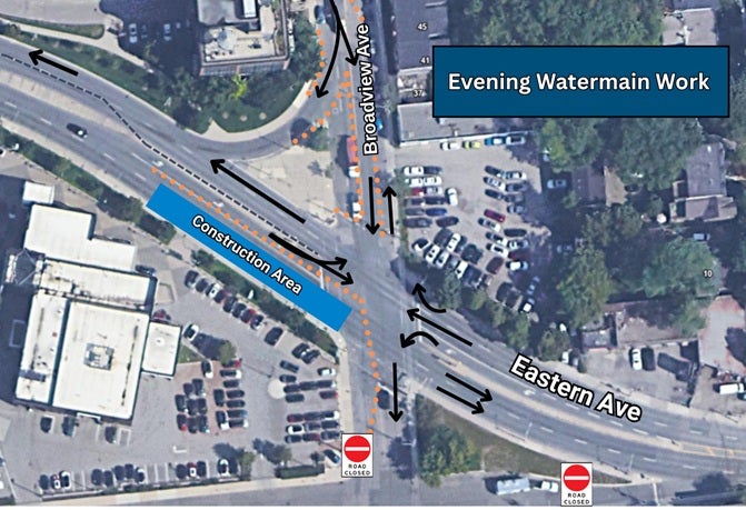 Aerial map showing a construction area on Broadview Avenue, with a notice for evening water main work extending to Eastern Avenue. Traffic detours and road closures are indicated with red signs and orange arrows.