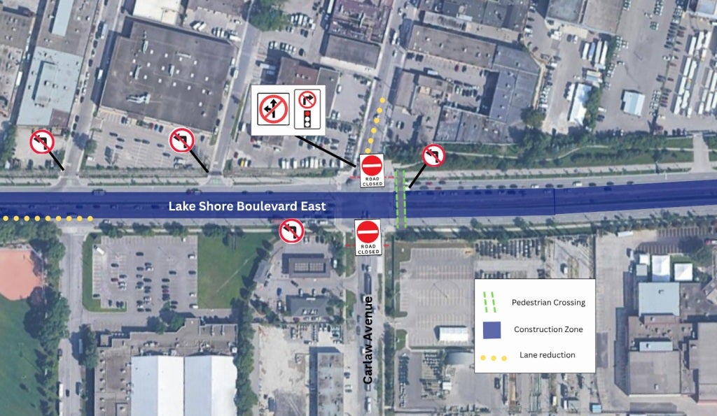 map view showing Lake Shore Boulevard East with markers indicating pedestrian crossings, construction zones, and lane reductions.