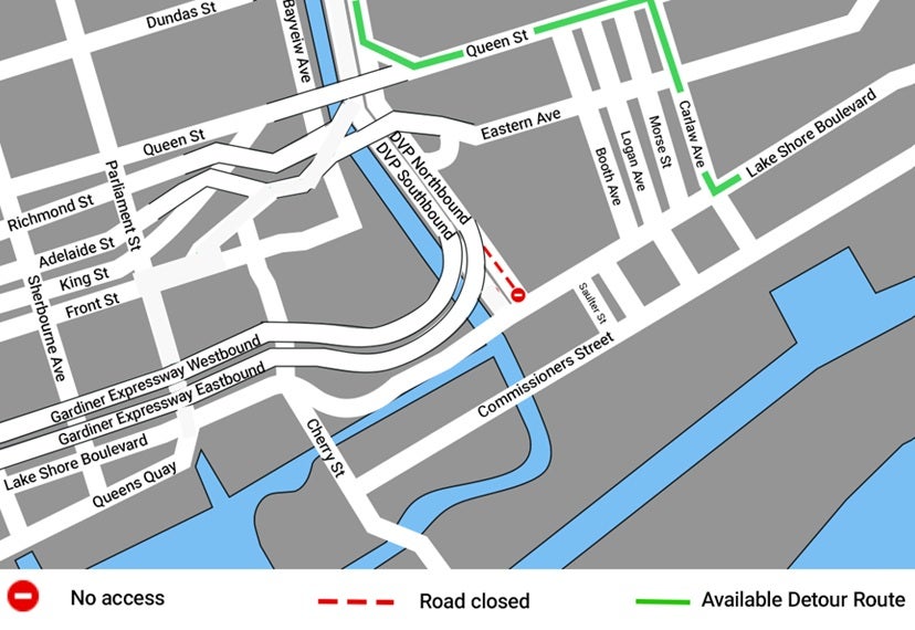 Map showing the Don Valley Parkway south of Dundas St, indicating: No access shown with a red circle with a white bar in the centre, located at the intersection of the northbound DVP on-ramp and Lake Shore Blvd. Road closed shown with a red dashed line and located along the northbound DVP on-ramp extending from Lake Shore Blvd Available Detour Route shown with a green solid line, located on Lake Shore Blvd, turning north onto Carlaw Ave, turning west onto Queen St, turning north onto DVP Northbound.