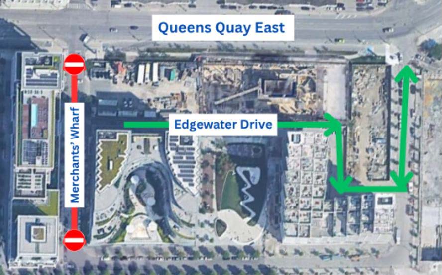 aerial view of Merchants’ Wharf with a red line indicating the portion of road that will be restricted. Green line indicates the detour route available for traffic along Edgewater Drive. Access to the southern part of Merchants’ Wharf along the Water’s Edge Promenade will be maintained 