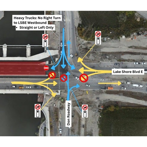 Aerial view of an intersection at Don Roadway and Lake Shore Blvd E, marked with traffic directions and restrictions on heavy trucks.