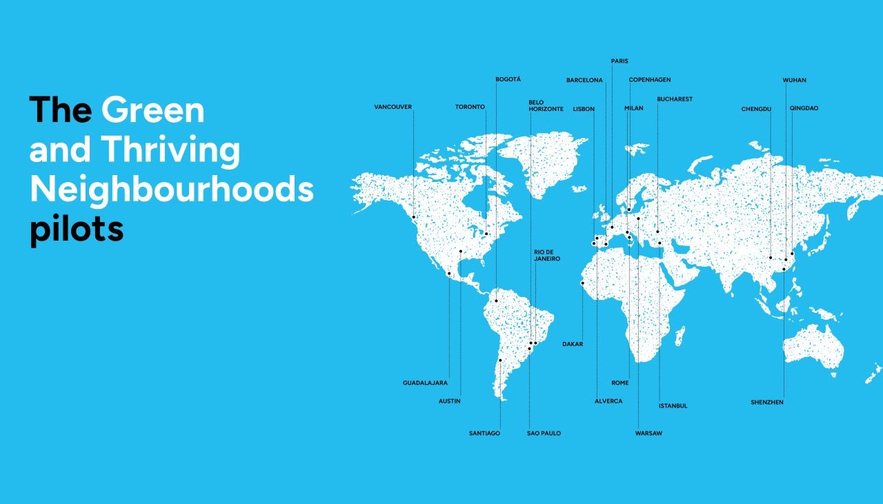 Illustrative map of the 24 cities worldwide that have joined the Green and Thriving Neighbourhoods program.