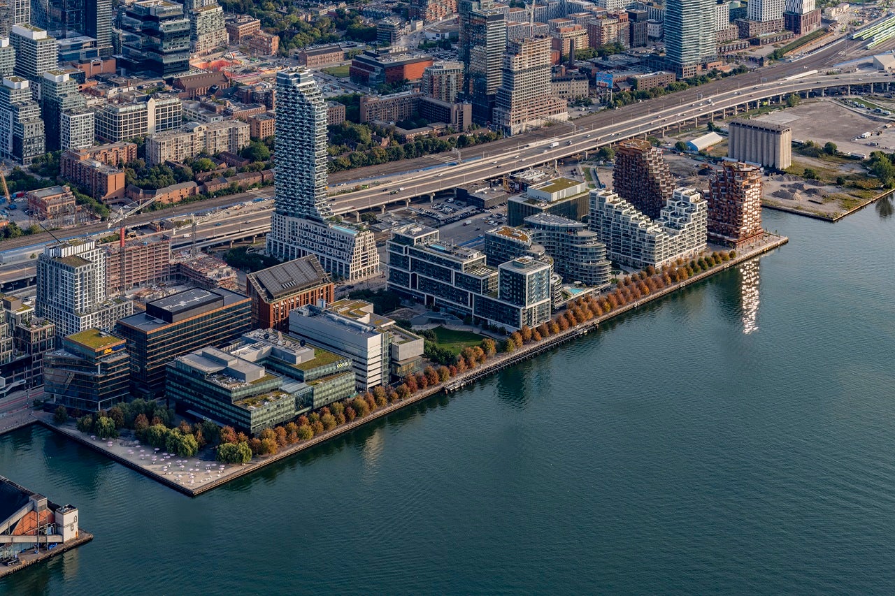 Aerial view of Toronto's East Bayfront neighbourhood looking from northeast from the lake