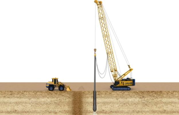 Illustration showing a crane and another construction equipment vibro-compaction.