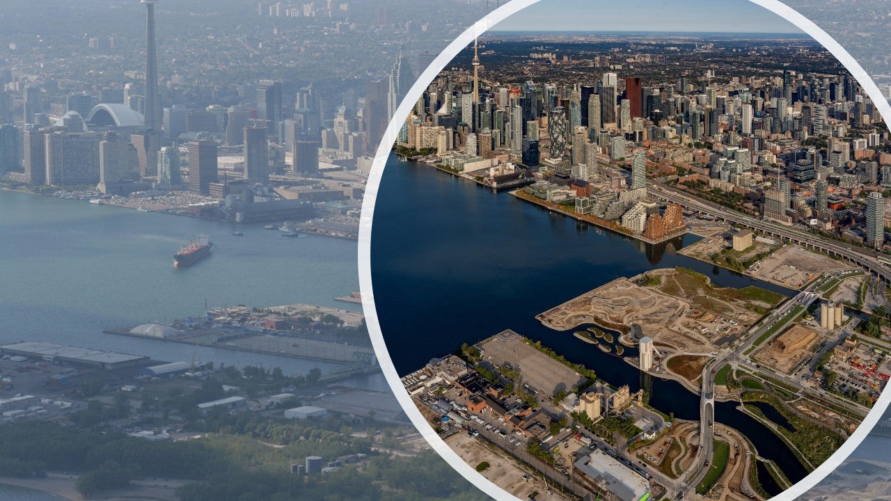 A view of Toronto's eastern waterfront on top of a photo before revitalization