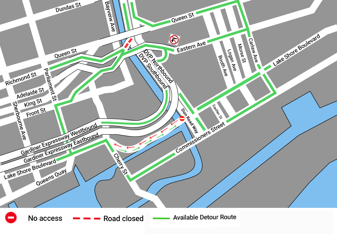 Map showing road closures and available detour routes near Lake Shore Boulevard and Gardiner Expressway, highlighting restricted access on Commissioners Street and Don Roadway in Toronto.