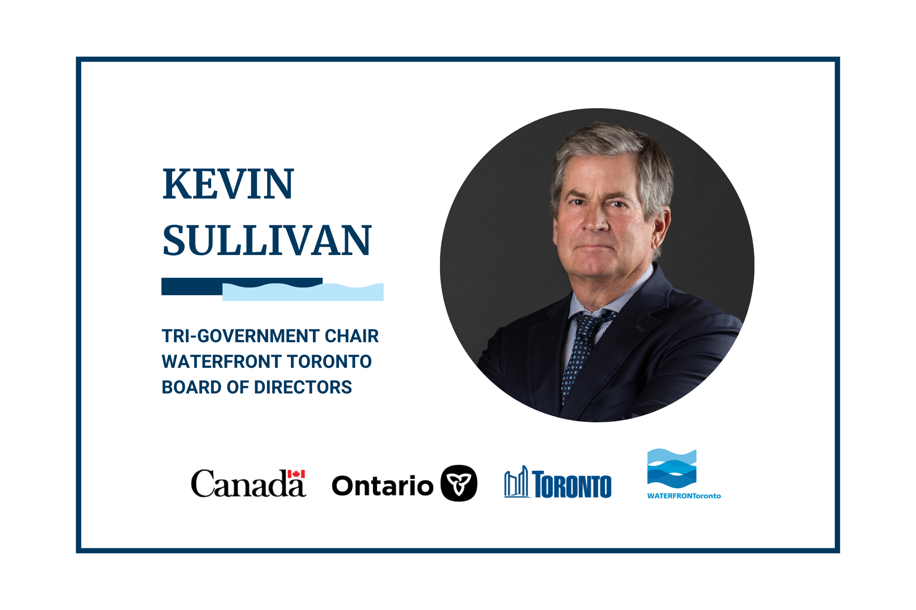 Headshot of Kevin Sullivan with text reading: Tri-Government Chair, Waterfront Toronto Board of Directors. Also inludes logos for the Goverment of Canada, Province of Ontario, City of Toronto, and Waterfront Toronto.