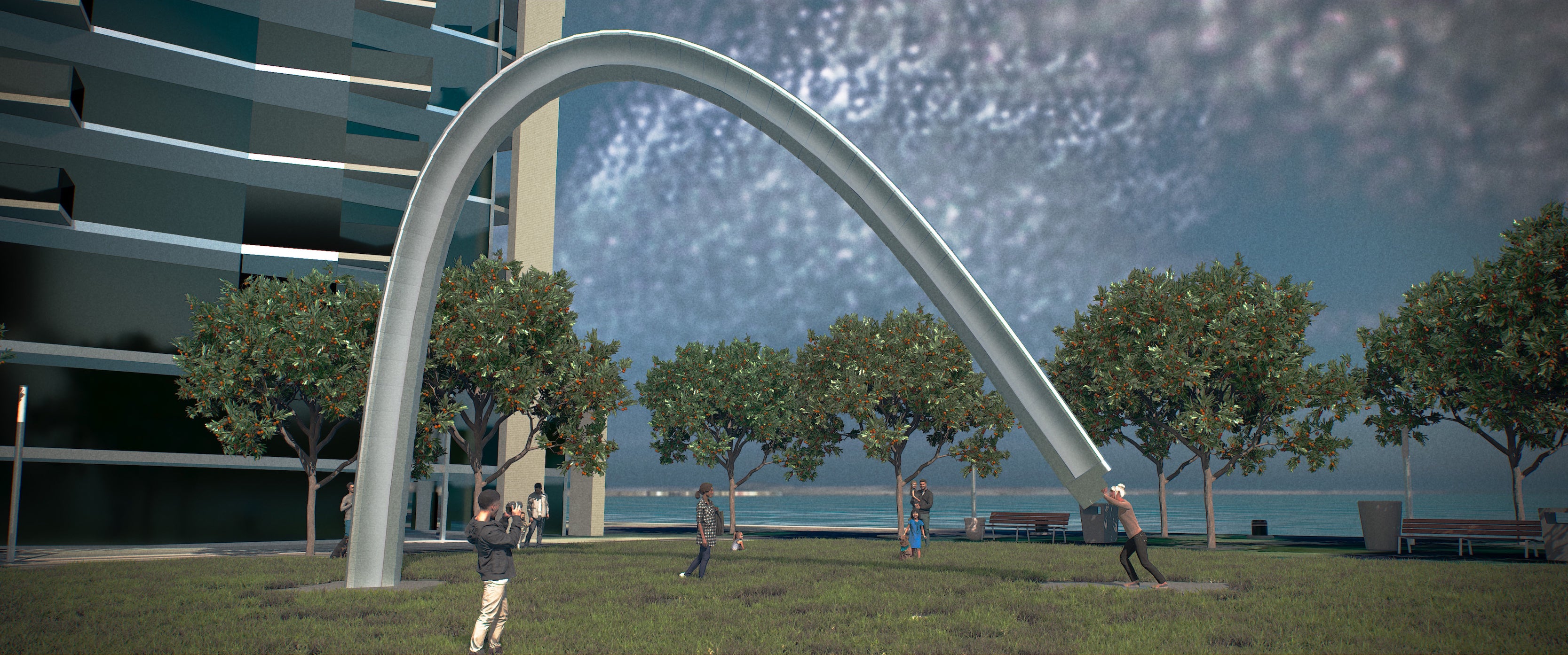 Artist's rendering of Unfinished Arch on a bright day surrounded bu greenery and a tall modern building in the background.