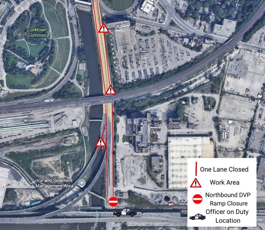 Aerial view of a road closure near a river with a clear work zone marked. The map shows one lane closed and indicates the Northbound DVP ramp closure. Triangular and circular signs denote work areas, with a police car positioned at the closure's start point. Nearby areas include Corktown Common and Ice and Sediment Management Area.