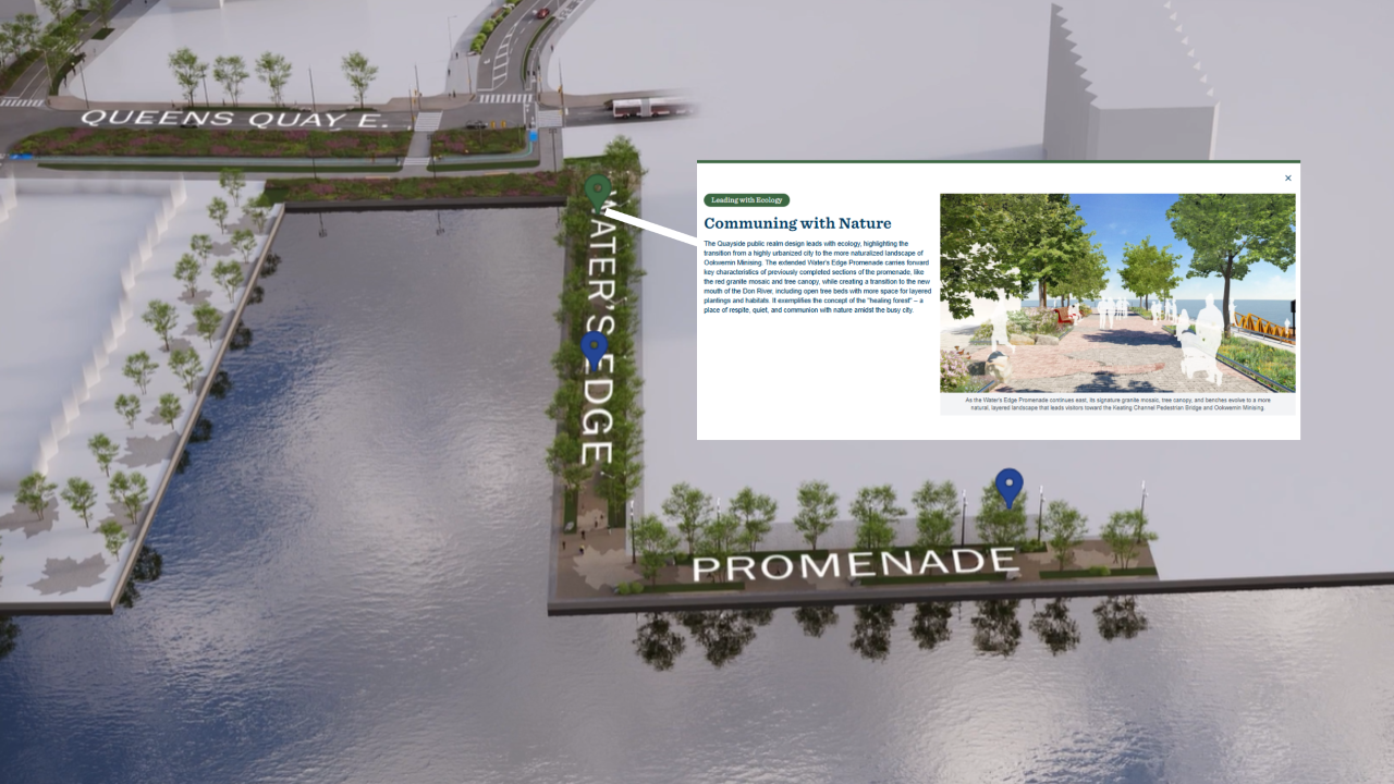 Screenshot from Quayside experience showing Queen Quay E and the future Water's Edge Promenade and how Quayside communes with nature.