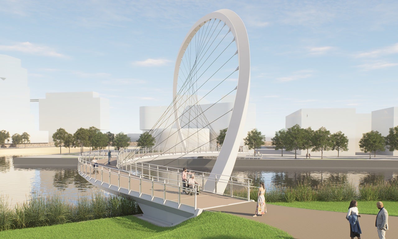 Artist Rendering of Keating Channel Pedestrian Bridge showing people walking by on a bright sunny day.