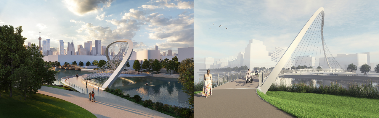 Rendering of Keating Channel Pedestrian Bridge showing people walking by on a bright sunny day.