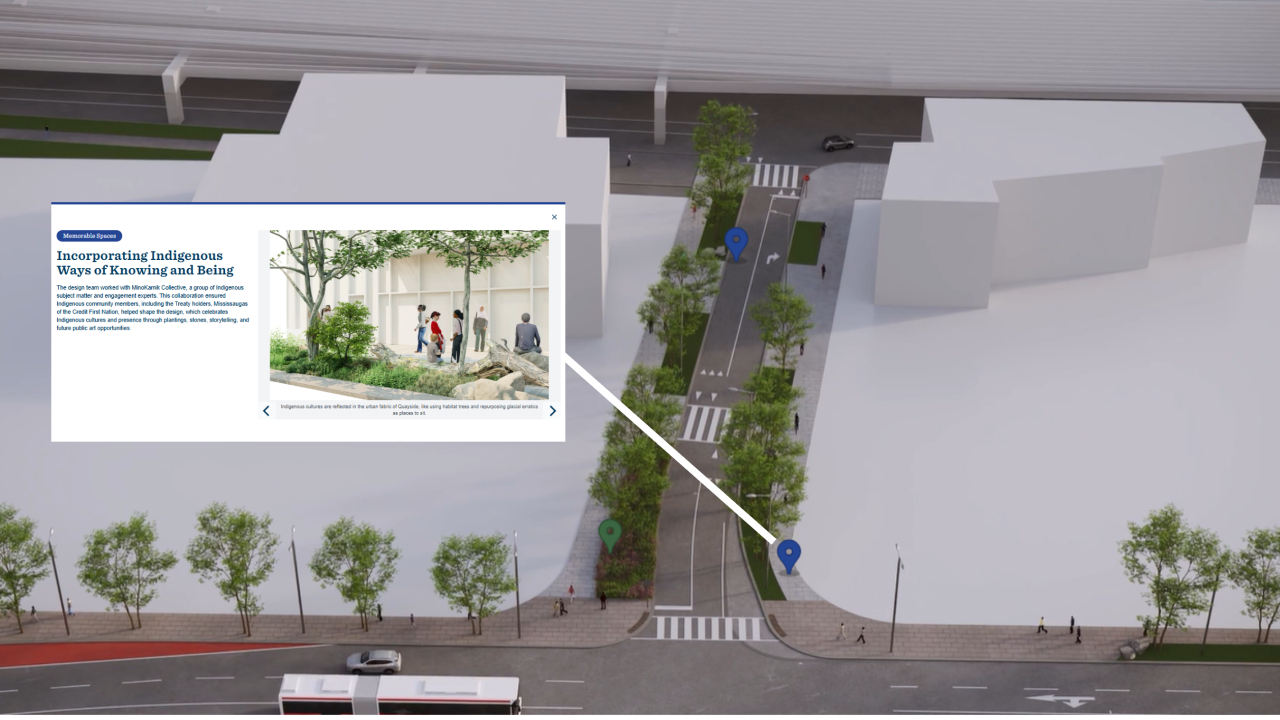 Screenshot from Quayside experience showing future Small Street and how Quayside will incorporate Indigenous ways of knowing and being.