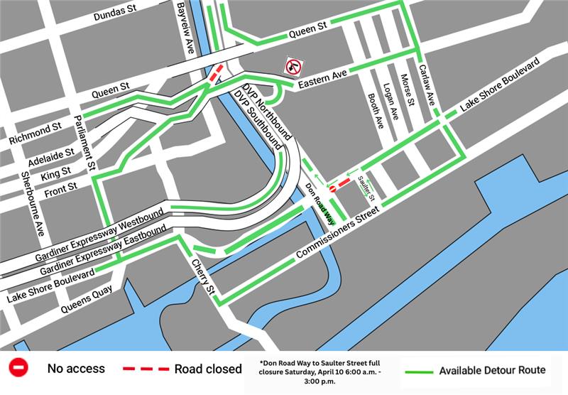 Map shwoing road closure and detours from Don Roadway to Saulter Street.