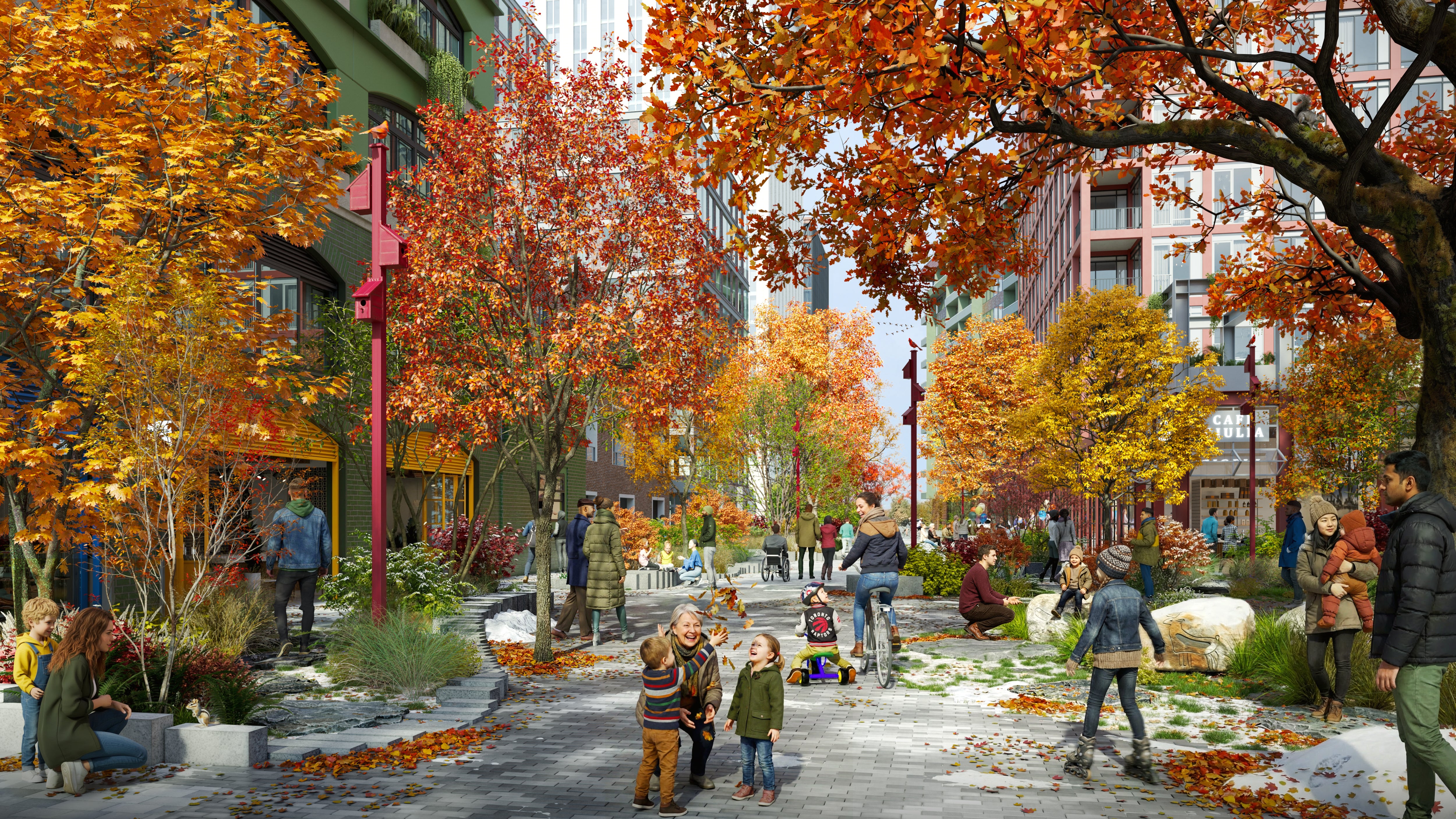 A lively street scene features people enjoying a colorful autumn day. The street is lined with vibrant red, orange, and yellow trees. Families and individuals stroll along the path, some sitting and talking on benches. The atmosphere is cheerful, with a mix of adults and children engaging in various outdoor activities. Buildings in the background have modern designs, adding to the urban setting.