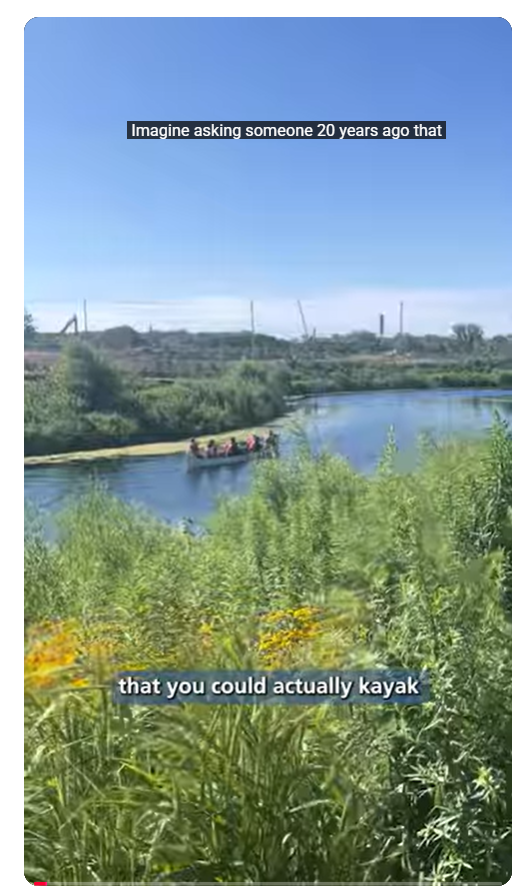 Decorative image showing a screenshot of a video with people kayaking in a river