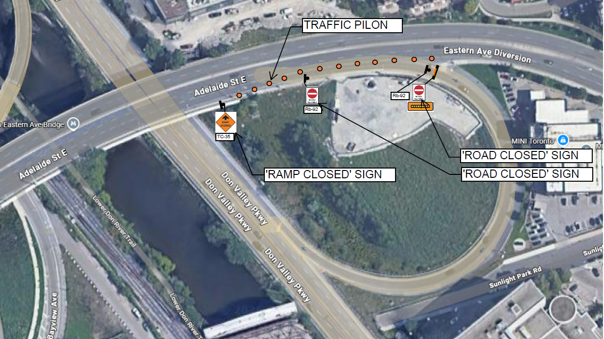 Map showing overnight closure for the work happening at the Broadview and Eastern Flood Protection Project. 