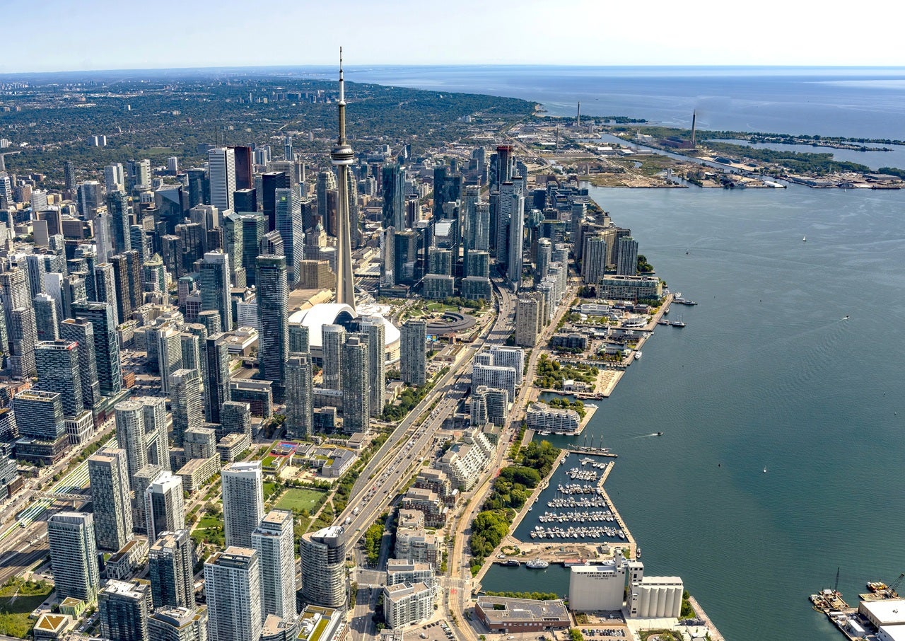 Aerial view of Toronto's waterfront looking east